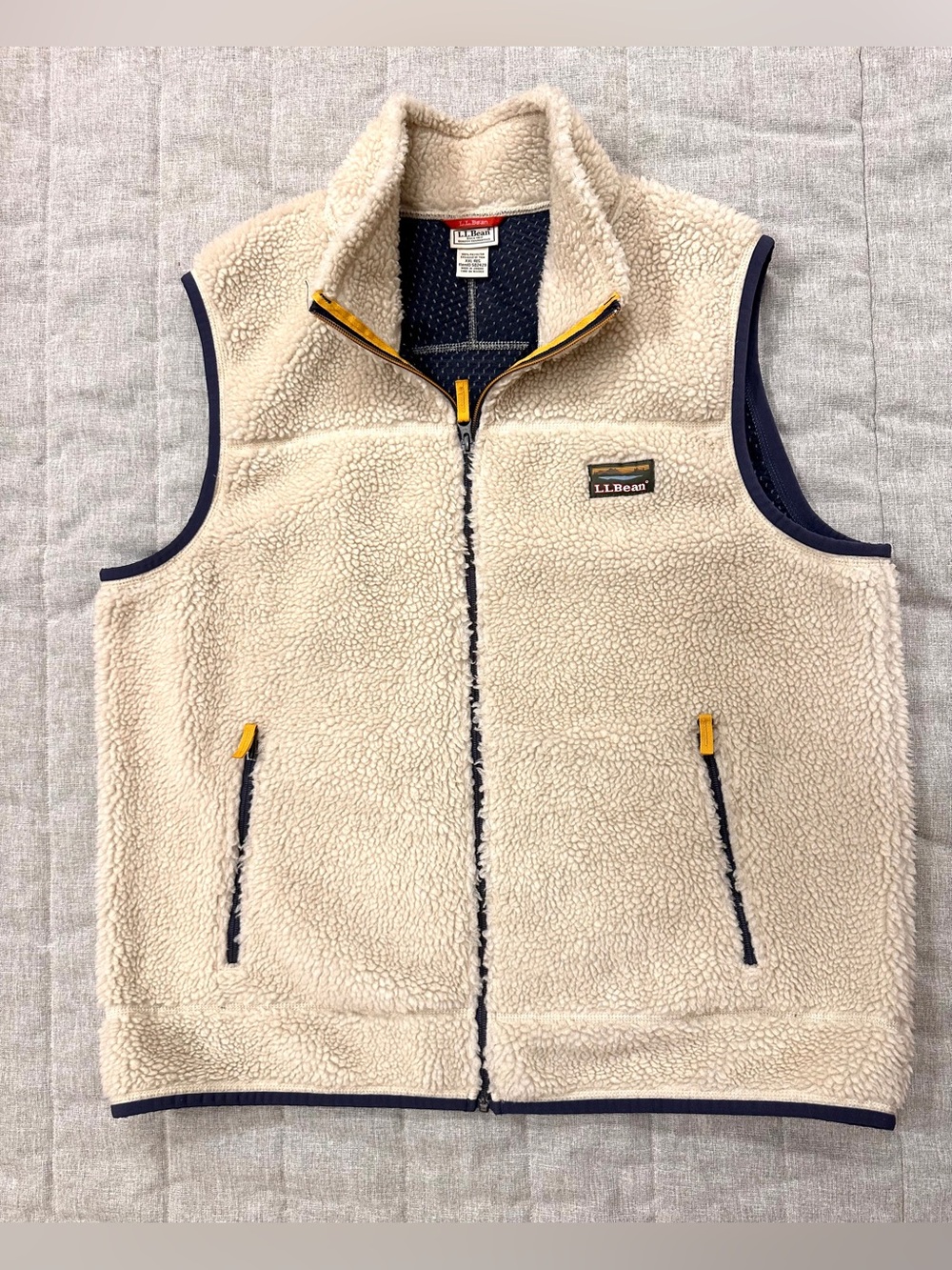 LL Bean Mens XL Cream Mountain Pile Fleece Vest Sherpa Heavyweight Full Zip Blue